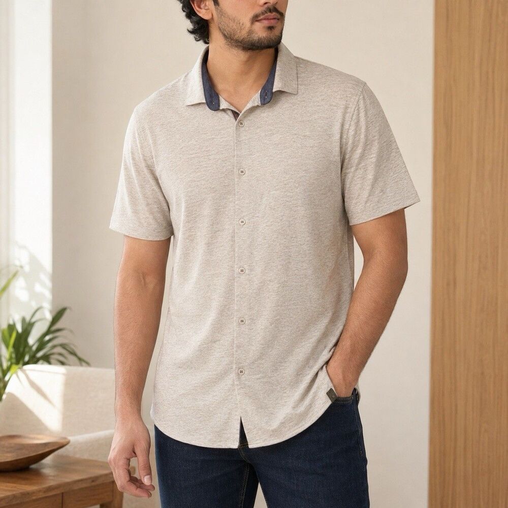 Rare Rabbit Miraj Shirt Mens L Light Beige Knit Short Sleeve Button Up
